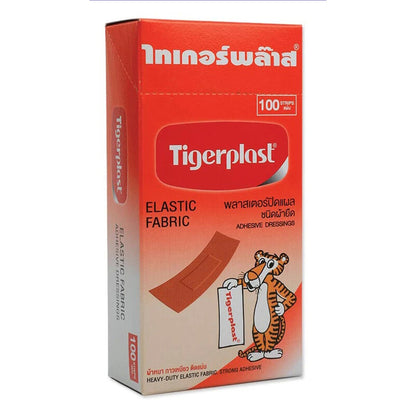 Tigerplast Elastic Fabric box front view showing brand logo and red packaging design for elastic fabric adhesive dressings.