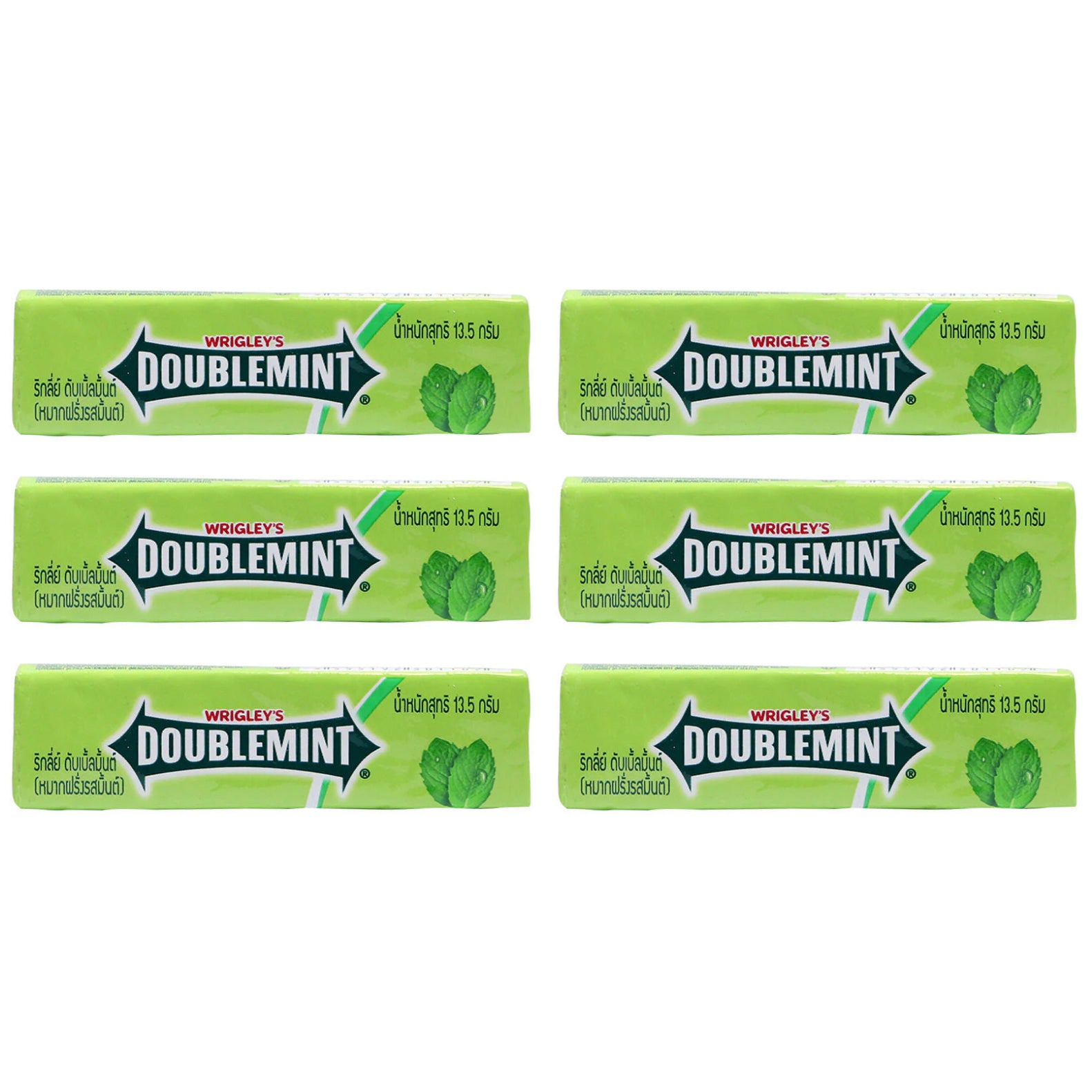 Wrigley Doublemint Chewing Gum 6 packs of 5-stick bars, peppermint flavor 13.5g, classic green packaging.