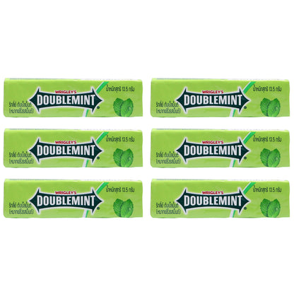 Wrigley Doublemint Chewing Gum 6 packs of 5-stick bars, peppermint flavor 13.5g, classic green packaging.