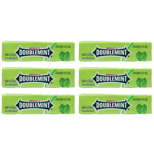 Wrigley Doublemint Chewing Gum 6 packs of 5-stick bars, peppermint flavor 13.5g, classic green packaging.