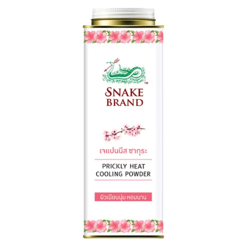 Snake brand sakura cooling powder front view showing Japanese Sakura floral design and product label for soft and smooth skin