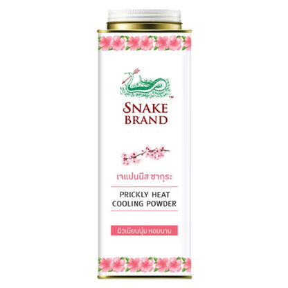 Snake brand sakura cooling powder front view showing Japanese Sakura floral design and product label for soft and smooth skin