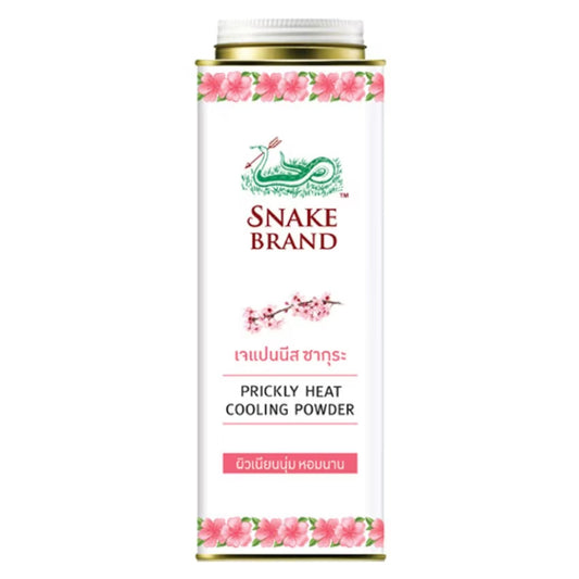 Snake brand sakura cooling powder front view showing Japanese Sakura floral design and product label for soft and smooth skin