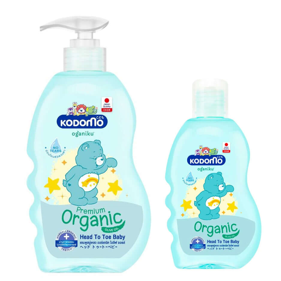 KODOMO Organic Baby Wash Oganiku Head To Toe Baby Wash Olive Oil No Tears Front Bottle and Travel Size