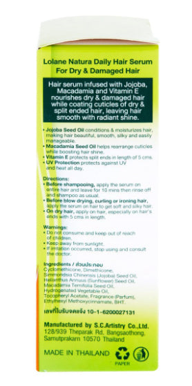 Back panel of LOLANE Natura Hair Serum Magic in One 50ml box showing usage instructions and ingredients list in English and Thai