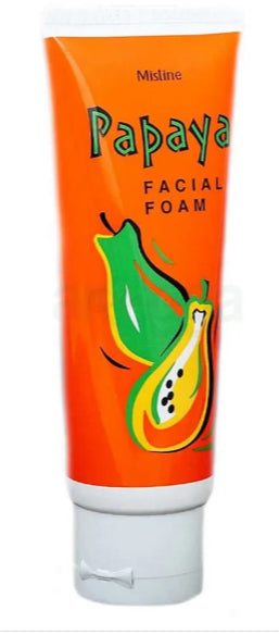 Mistine Papaya Facial Foam bright orange tube showing product label and papaya graphic