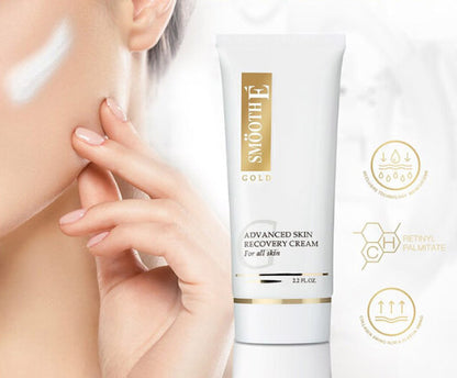 Woman applying Smooth E Gold Cream on her face alongside the product tube