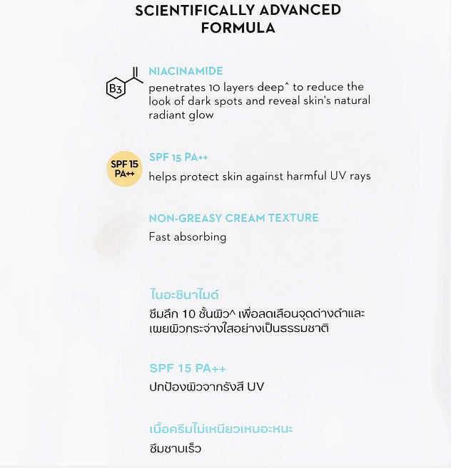 Image showcasing the scientifically advanced formula of Olay Luminous Night Cream, detailing ingredients like Niacinamide and SPF 15.