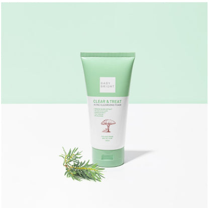 Baby Bright Acne Cleansing Foam product shot with herbal leaf