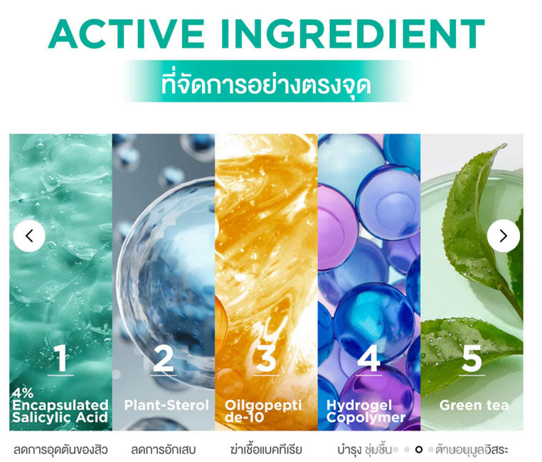 Active ingredients of Smooth E Acne Hydrogel Plus including Salicylic Acid, Plant-Sterol, Oligopeptide-10, Hydrogel Copolymer, and Green tea.