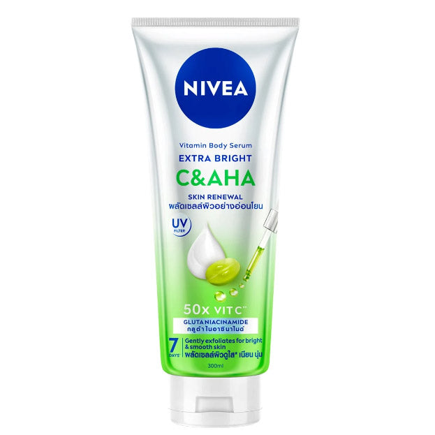 Nivea C AHA Body Serum 300ml Extra Bright Skin Renewal Gluta Niacinamide tube with serum formula for smooth skin.