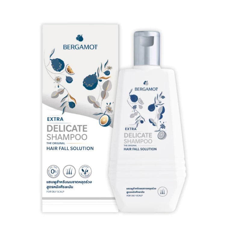 Bergamot Delicate Shampoo bottle and box packaging showing the original hair fall solution for oily scalp.