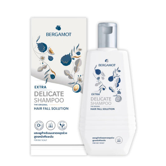Bergamot Delicate Shampoo bottle and box packaging showing the original hair fall solution for oily scalp.