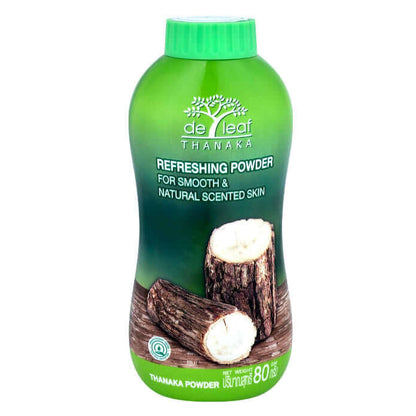De Leaf Thanaka Talcum Powder green bottle front packaging natural scented skin design 80g