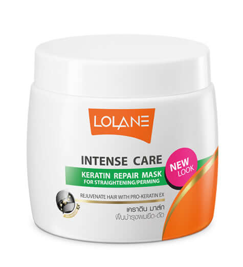 Lolane Keratin Hair Repair Mask for straightening and perming, packaging showcasing intense care benefits.