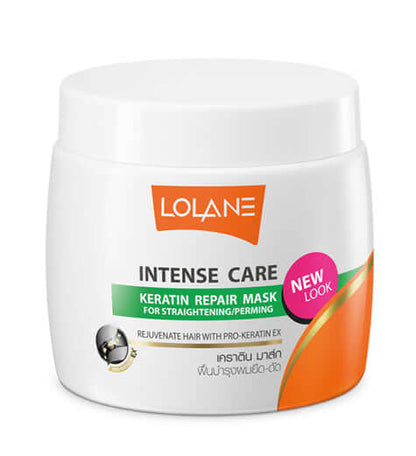 Lolane Keratin Hair Repair Mask for straightening and perming, packaging showcasing intense care benefits.