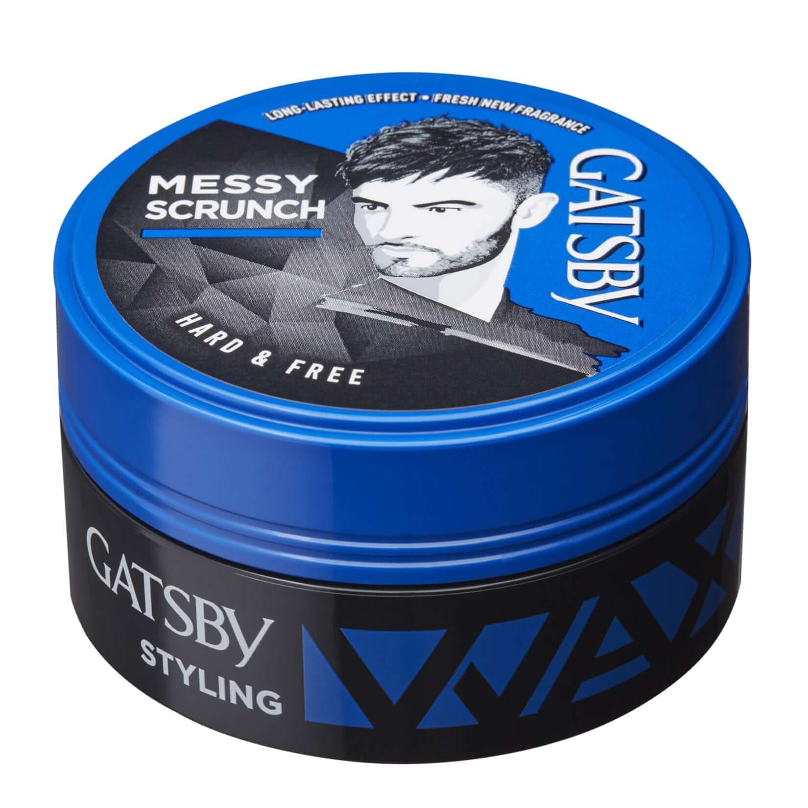 Gatsby Hard Free Wax 75g blue hair styling wax jar front view messy scrunch matte hold