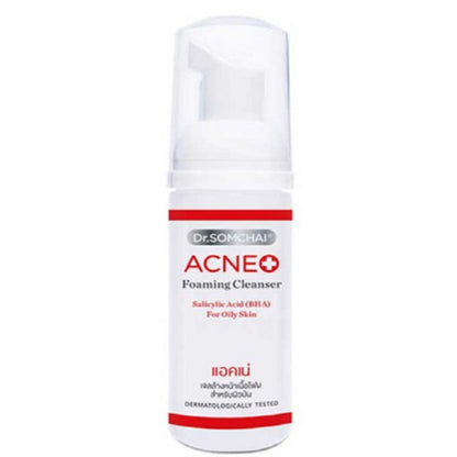 Dr Somchai Acne Foaming Foam Cleanser with Salicylic Acid for oily skin, 150ml bottle.