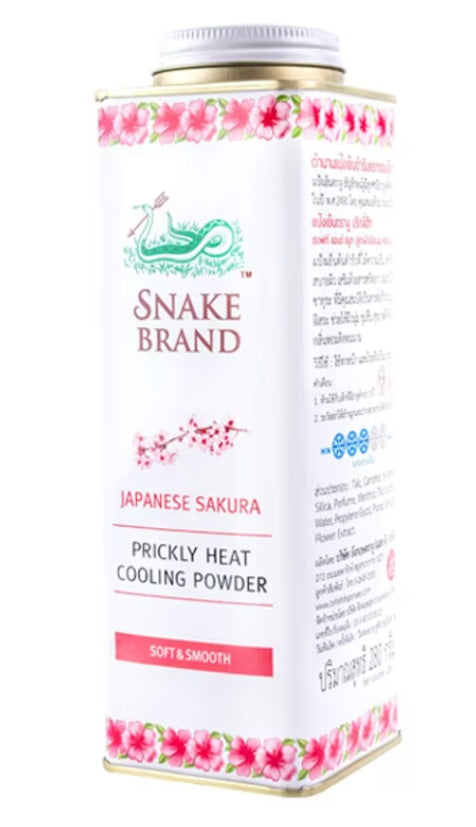 Snake brand sakura cooling powder side view displaying ingredients and usage instructions on pink floral packaging