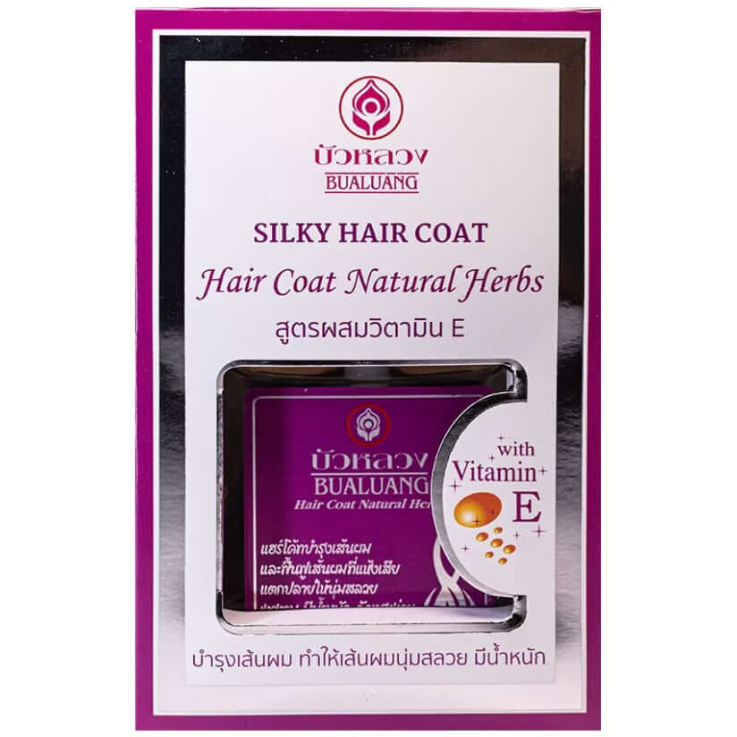Bualuang Hair Coat Natural Herbs with Vitamin E original Thai hair serum packaging front view.
