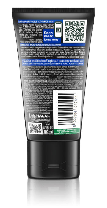 Garnier Men TurboBright Foam back label with product information and barcode.