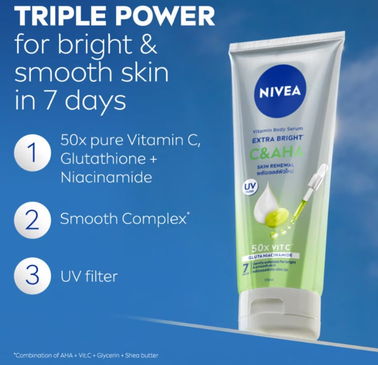 Nivea C AHA Vitamin Body Serum information image showing 7-day skin renewal, brightening, and key ingredients.