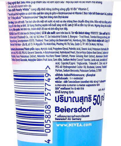 NIVEA Pearl Bright Facial Foam microbubbles in 50g tube by Beiersdorf, deep cleansing for soft skin.