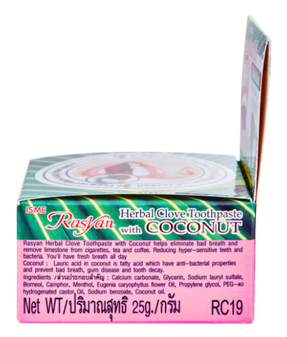 Rasyan ISME Herbal Clove Toothpaste 25g angled view packaging