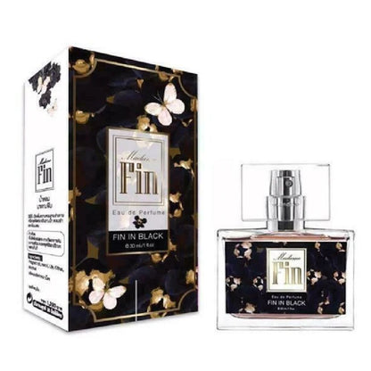 Madame Fin Fin in Black perfume bottle and elegant floral butterfly design packaging box.
