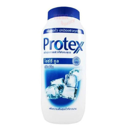 Protex Icy Cool Powder Body Cooling Prickly Heat Relief 140 bottle with ice cubes on label