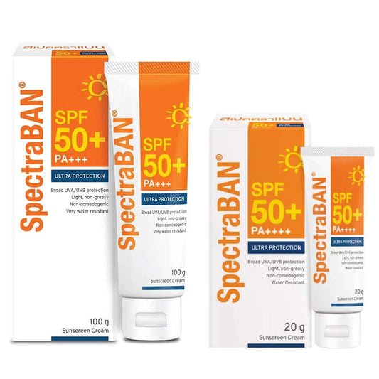 SpectraBAN SPF50 Sunscreen cream packaging showcasing ultra protection for UVA UVB, available in 20g and 100g sizes.