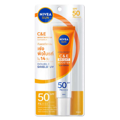 Nivea Sun C and E SPF50 Extra Protect Sunscreen Facial Serum 30ml packaging with UV protection details.