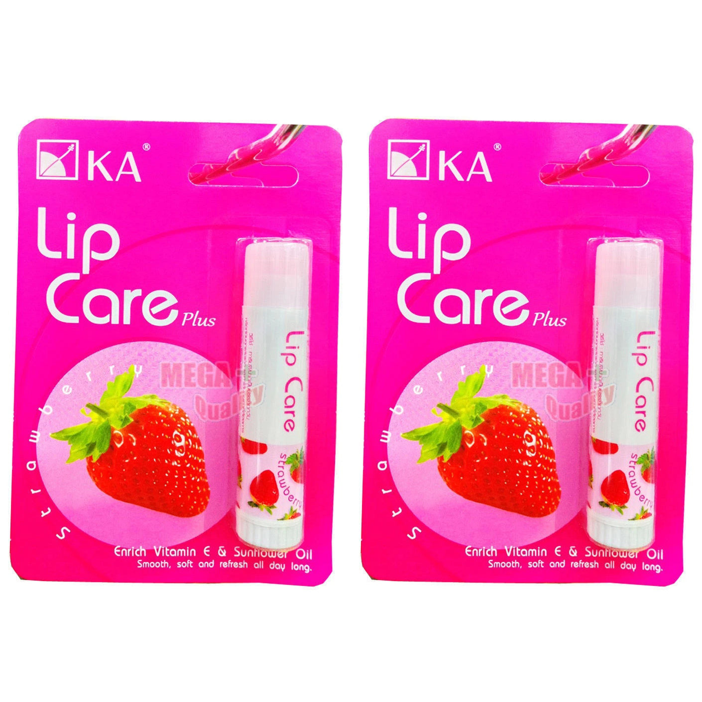 Two packs of KA Lip Care Plus Strawberry lip balm with pink packaging and strawberry image