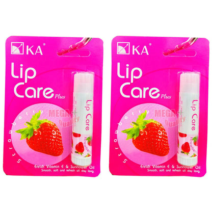 Two packs of KA Lip Care Plus Strawberry lip balm with pink packaging and strawberry image