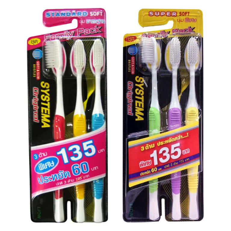 Systema Soft Toothbrush 3 pcs pack standard soft slim bristles assorted colors front view