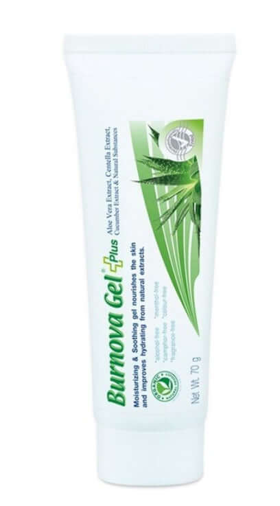 Front view of Burnova Gel Plus Aloe Vera soothing skin gel tube