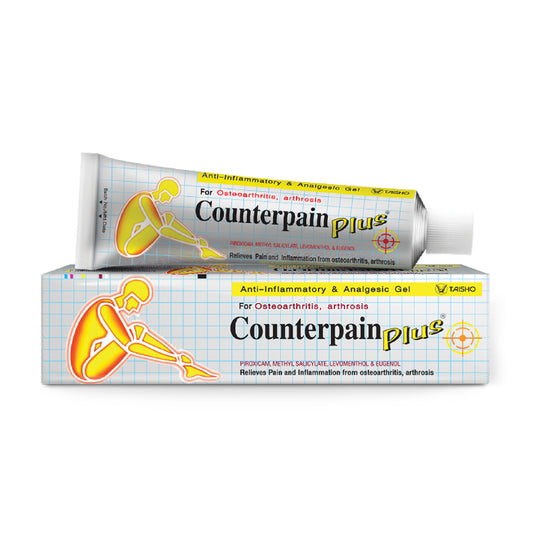 Counterpain Plus Analgesic Gel 50g tube and box showing anti-inflammatory formula for arthritis and muscle pain relief