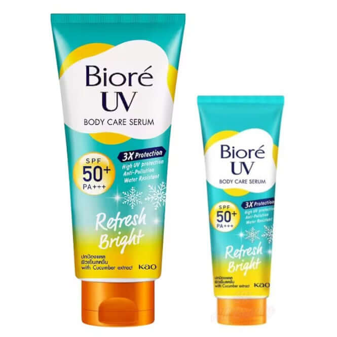 Two tubes of Biore UV Body Care Serum in different sizes, showing the blue and yellow Refresh Bright packaging against a white background.