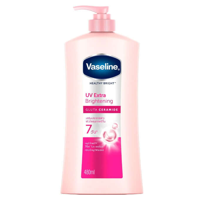 Vaseline UV Extra Brightening Lotion 480ml pump bottle with GlutaGlow formula for radiant skin