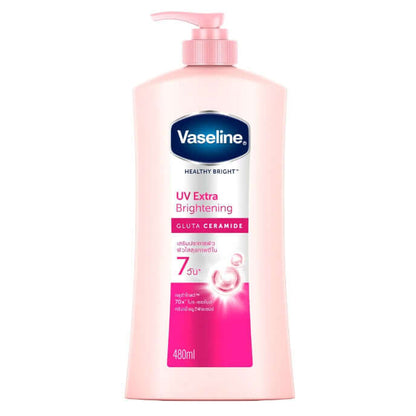 Vaseline UV Extra Brightening Lotion 480ml pump bottle with GlutaGlow formula for radiant skin