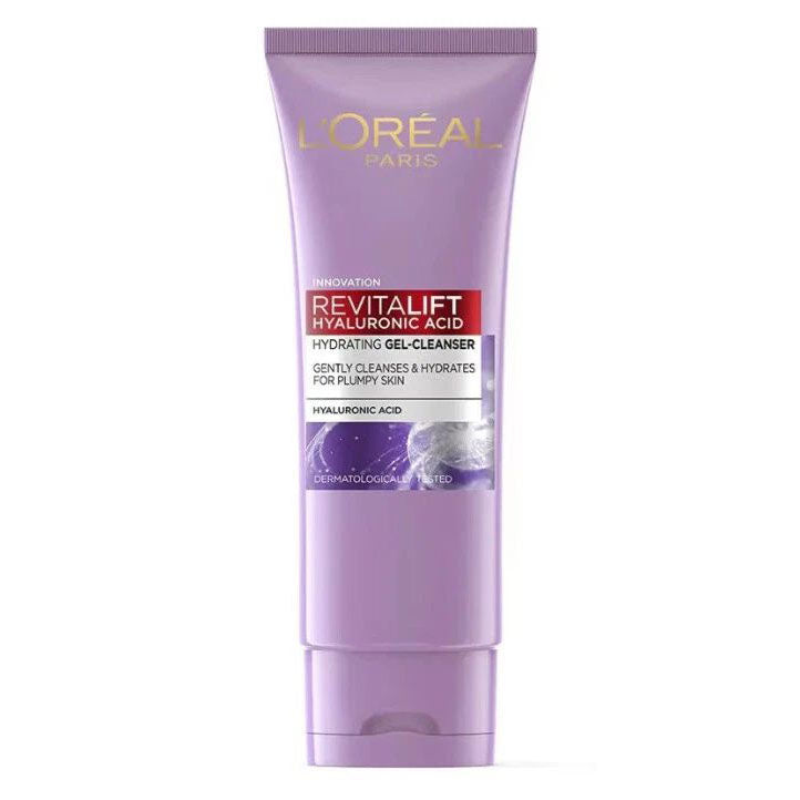 L'Oreal Revitalift Cleanser hydrating gel with Hyaluronic Acid in a purple tube for plump skin