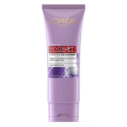 L'Oreal Revitalift Cleanser hydrating gel with Hyaluronic Acid in a purple tube for plump skin