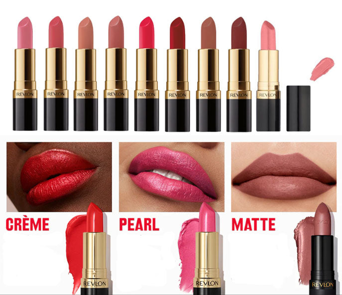 Revlon Super Lustrous Lipstick multiple shades bullet lipstick and lip swatch display