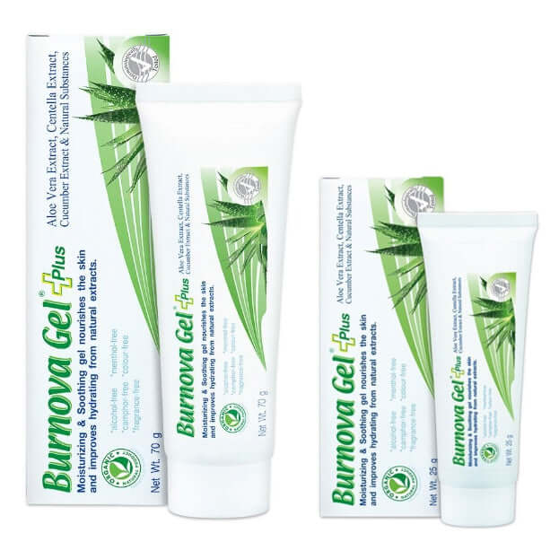 Burnova Gel Plus Aloe Vera 70g and 25g tubes with packaging boxes for skin hydration