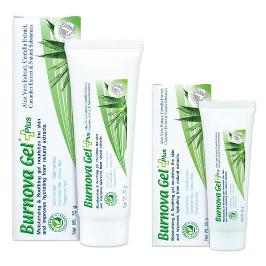 Burnova Gel Plus Aloe Vera 70g and 25g tubes with packaging boxes for skin hydration