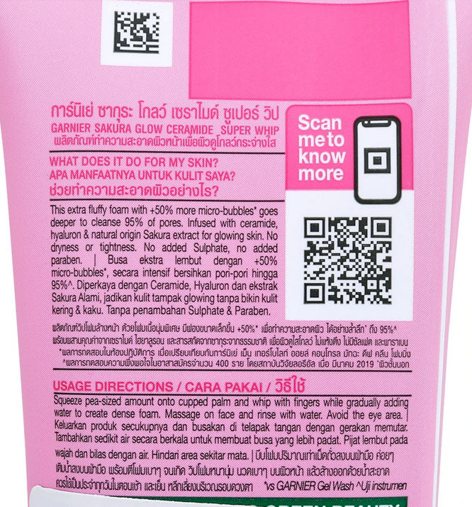 Garnier Sakura Glow Super Whip Cleanser full back packaging description