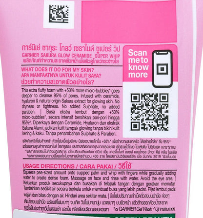Garnier Sakura Glow Super Whip Cleanser full back packaging description