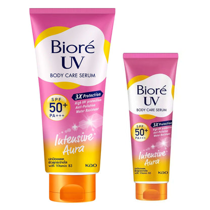 Biore UV Intensive Aura Serum Body Care Anti Pollution SPF50+ PA+++ packaging with lightweight formula for sun protection