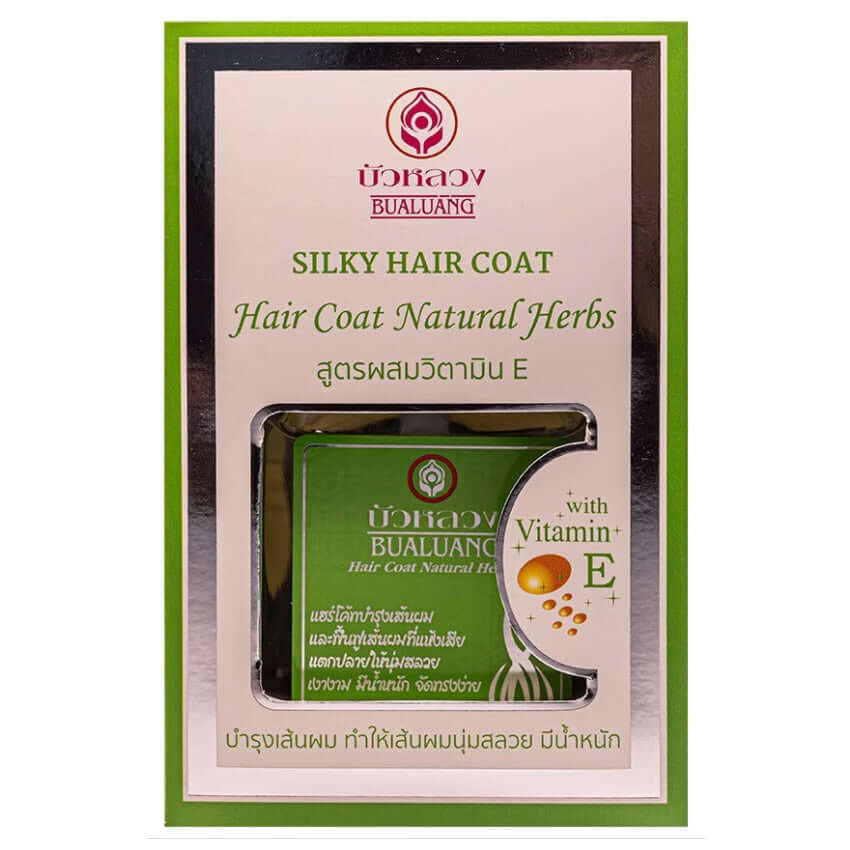 BUALUANG Hair Coat Natural Herbs Plus Vitamin E Green 85ml Hair Serum Front Packaging