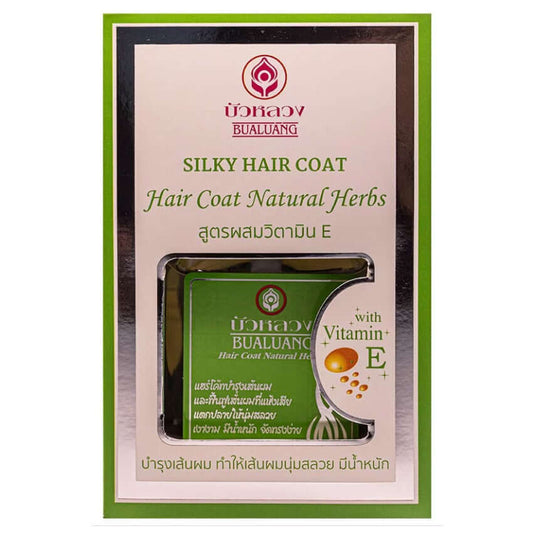 BUALUANG Hair Coat Natural Herbs Plus Vitamin E Green 85ml Hair Serum Front Packaging